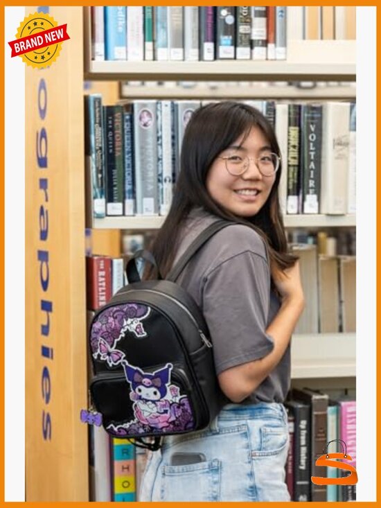 Kuromi Mini PU Backpack, Kawaii Shoulder Bag with Skull Charm, 10.5 Inch Anime main image 5